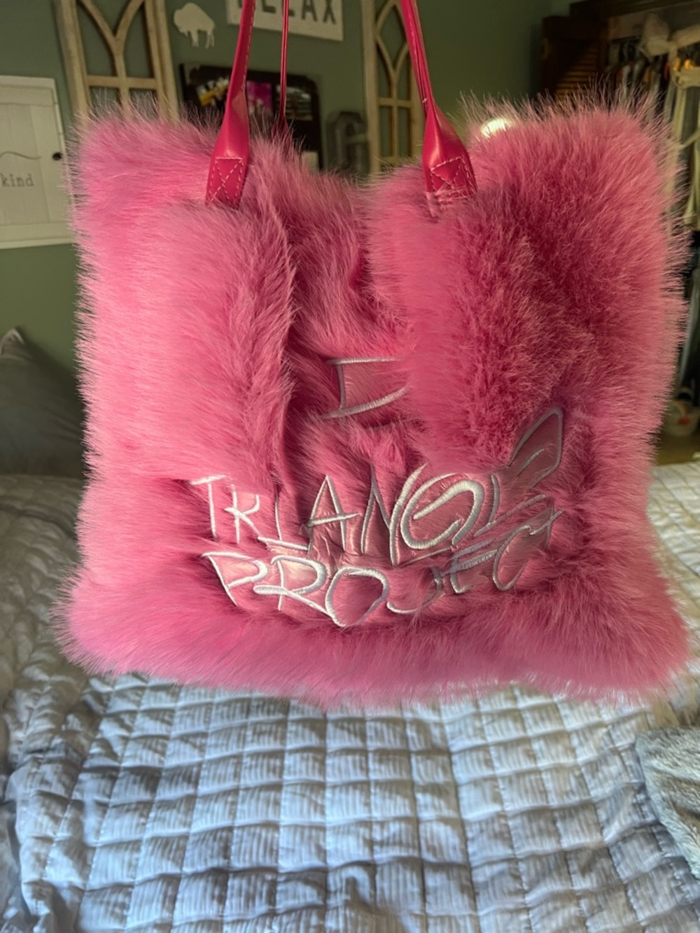 Pink Faux Fur Tote Bag with Embroidered Logo